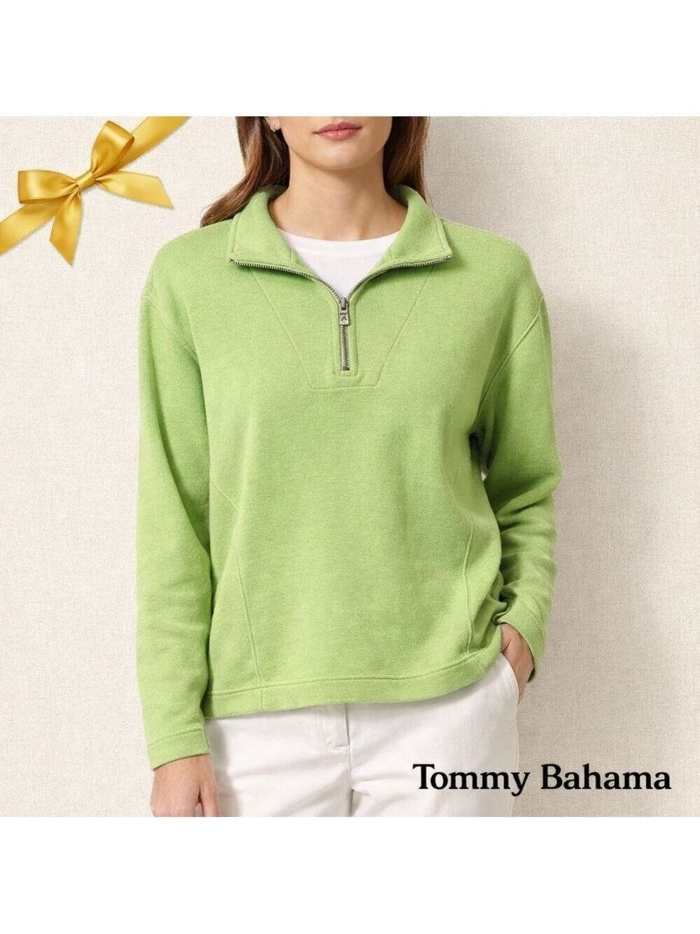 Tommy Bahama Quarter Zip Pullover Lime Green Resort Sweater Cotton Blend Size L